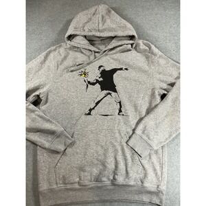 Banksy Flower Thrower Graphic Hoodie Mens Large Gray Street Art Pullover 1927